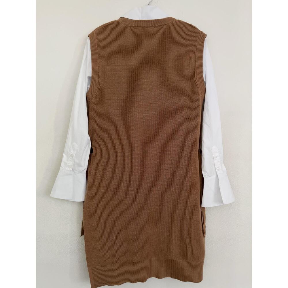 Elan Dress Womens M Brown Knit Layered Sweater Shirt V Neck Collared Side Tie - Picture 4 of 11